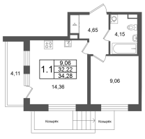 1 ккв № 3 Корп.: 10 , Секция 1  в ЖК Univer City