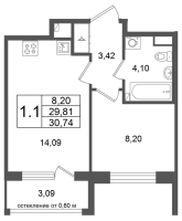 1 ккв № 99 Корп.: 9 , Секция 3  в ЖК Univer City