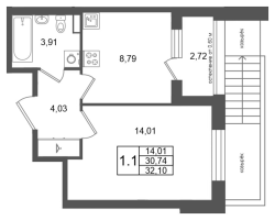 1 ккв № 288 Корп.: 10 , Секция 8  в ЖК Univer City