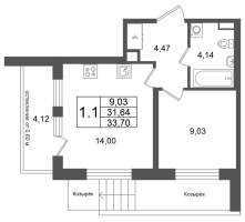 1 ккв № 4 Корп.: 9 , Секция 1  в ЖК Univer City