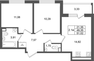 2 ккв № 418 Корп.: 7 , Секция 12  в ЖК Универ Сити