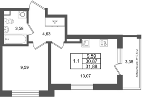 1 ккв № 370 Корп.: 7 , Секция 10  в ЖК Универ Сити