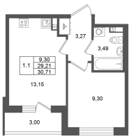 1 ккв № 410 Корп.: 7 , Секция 11  в ЖК Универ Сити