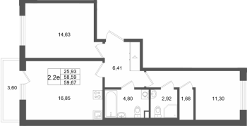 3 ккв (Евро) № 349 Корп.: 7 , Секция 9  в ЖК Универ Сити