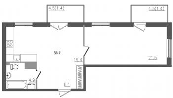 2 ккв (Евро) № 116 Корп.: 1 , Секция 3  в ЖК Upoint