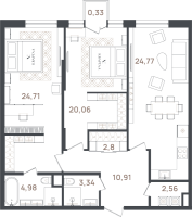 3 ккв (Евро) № 14 Корп.: 2 , Секция 1  в ЖК VI Квартал