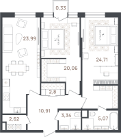 3 ккв (Евро) № 19 Корп.: 1 , Секция 1  в ЖК VI Квартал