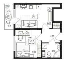 1 ккв № 61 Корп.: 2.2 , Секция 7  в ЖК Верево Сити