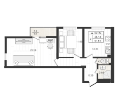 2 ккв № 174 Корп.: 1.2 , Секция 9  в ЖК Верево Сити