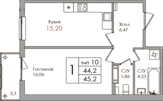 2 ккв (Евро) № cd1143 Корп.: 1 , Секция B  в ЖК Верхний