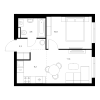 2 ккв (Евро) № 3.3.2 Корп.: 6 , Секция 3  в ЖК Витебский парк