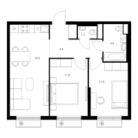 3 ккв (Евро) № 1.4.14 Корп.: 7 , Секция 1  в ЖК Витебский парк