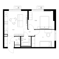 3 ккв (Евро) № 2.9.11 Корп.: 6 , Секция 2  в ЖК Витебский парк