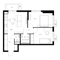 3 ккв (Евро) № 1.7.7 Корп.: 6 , Секция 1  в ЖК Витебский парк