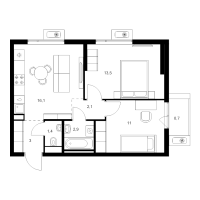 3 ккв (Евро) № 2.3.11 Корп.: 6 , Секция 2  в ЖК Витебский парк