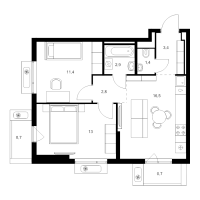 3 ккв (Евро) № 1.4.1 Корп.: 6 , Секция 1  в ЖК Витебский парк