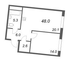 2 ккв (Евро) № 191 Корп.: 2 , Секция 5  в ЖК Визионер