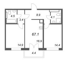 3 ккв (Евро) № 139 Корп.: 1 , Секция 3  в ЖК Визионер