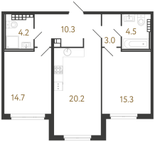 3 ккв (Евро) № 34 Корп.: 1 , Секция 1  в ЖК Визионер