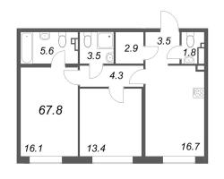 3 ккв (Евро) № 80 Корп.: 1 , Секция 2  в ЖК Визионер