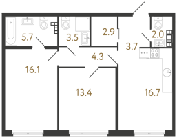 3 ккв (Евро) № 75 Корп.: 1 , Секция 2  в ЖК Визионер