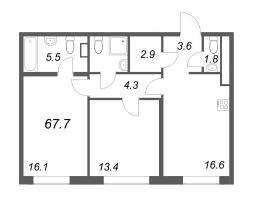 3 ккв (Евро) № 90 Корп.: 1 , Секция 2  в ЖК Визионер