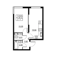 2 ккв (Евро) № 15 Корп.: 3 , Секция 1  в ЖК Высота. Новодевяткино