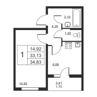 1 ккв № 4 Корп.: 1 , Секция 1  в ЖК Высота