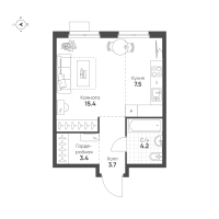 Студия № 108 Корп.: 1.11 , Секция 2  в ЖК Ягодное Река Парк