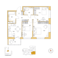 3 ккв № 2 Корп.: 5 , Секция 1  в ЖК Янила Форест