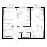 3 ккв (Евро) № 3.10.10 Корп.: 2 , Секция 3  в ЖК Янинский лес