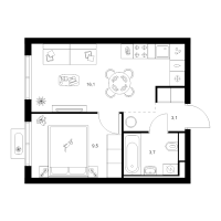 2 ккв (Евро) № 2.2.4 Корп.: 2 , Секция 2  в ЖК Янинский лес