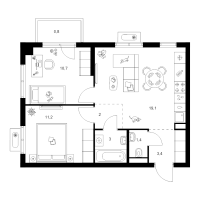 3 ккв (Евро) № 1.14.13 Корп.: 1 , Секция 1  в ЖК Янинский лес