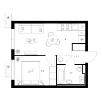 2 ккв (Евро) № 1.6.9 Корп.: 1 , Секция 1  в ЖК Янинский лес