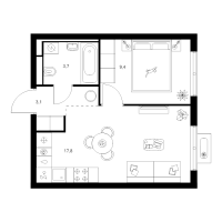 2 ккв (Евро) № 1.3.1 Корп.: 1 , Секция 1  в ЖК Янинский лес