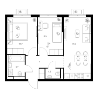 3 ккв (Евро) № 3.2.10 Корп.: 2 , Секция 3  в ЖК Янинский лес