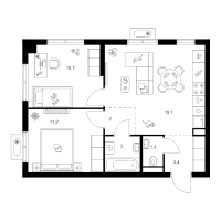 3 ккв (Евро) № 1.6.13 Корп.: 1 , Секция 1  в ЖК Янинский лес