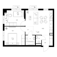 3 ккв (Евро) № 2.15.2 Корп.: 1 , Секция 2  в ЖК Янинский лес
