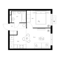 2 ккв (Евро) № 1.15.15 Корп.: 1 , Секция 1  в ЖК Янинский лес