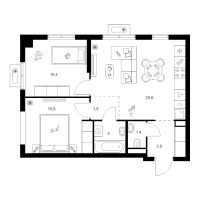 3 ккв (Евро) № 1.3.14 Корп.: 4 , Секция 1  в ЖК Янинский лес