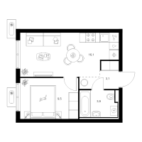 2 ккв (Евро) № 1.10.9 Корп.: 1 , Секция 1  в ЖК Янинский лес