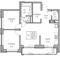 3 ккв (Евро) № 128 Корп.: 7 , Секция 1  в ЖК Юнтолово