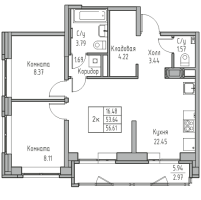 3 ккв (Евро) № 62 Корп.: 7 , Секция 1  в ЖК Юнтолово
