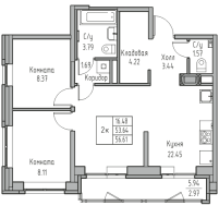 3 ккв (Евро) № 84 Корп.: 7 , Секция 1  в ЖК Юнтолово