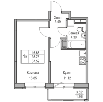 1 ккв № 215 Корп.: 9 , Секция 1  в ЖК Юнтолово