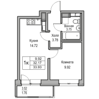 1 ккв № 43 Корп.: 6 , Секция 1  в ЖК Юнтолово