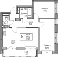 3 ккв (Евро) № 232 Корп.: 9 , Секция 1  в ЖК Юнтолово
