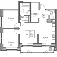 2 ккв № 117 Корп.: 8 , Секция 1  в ЖК Юнтолово