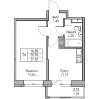 1 ккв № 182 Корп.: 9 , Секция 1  в ЖК Юнтолово