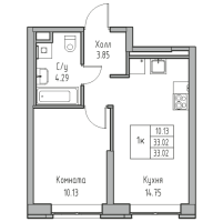 2 ккв (Евро) № 4 Корп.: 7 , Секция 1  в ЖК Юнтолово